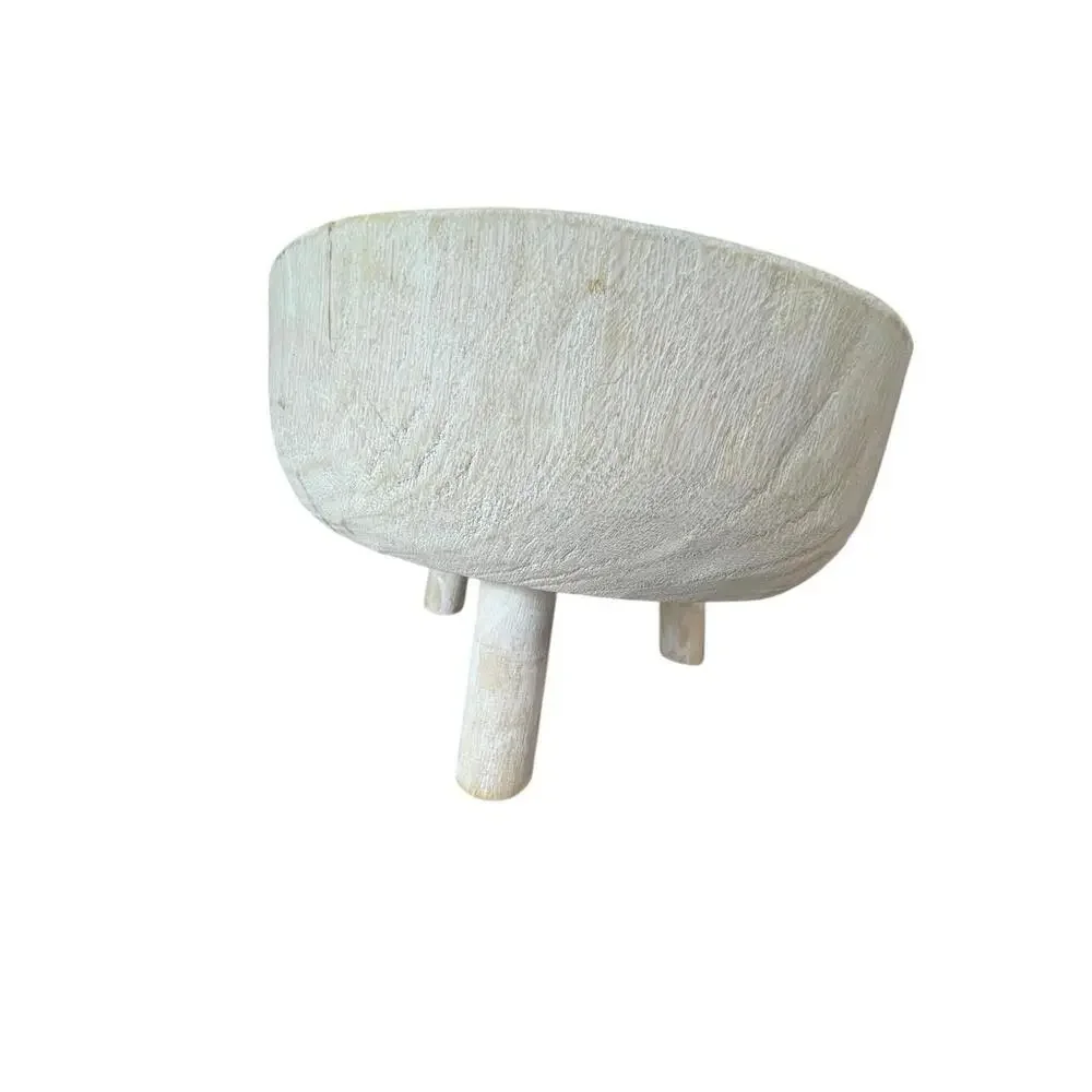 Hand Carved‎ Wooden Tripod Bowl Whitewashed Footed Primitive Style Decor